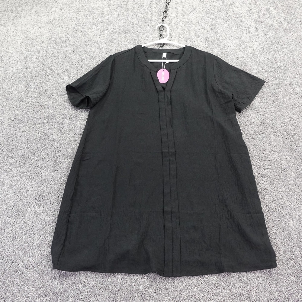 HALIFE Tunic Top Womens Large Black Short Sleeve V Neck Casual Solid Polyester